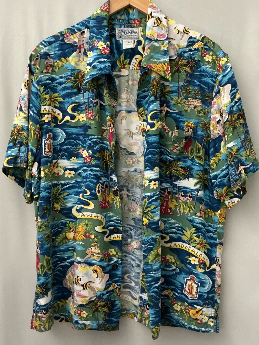 Kalakaua Aloha Land of Hawaii Men's Hawaiian Shirt Size L